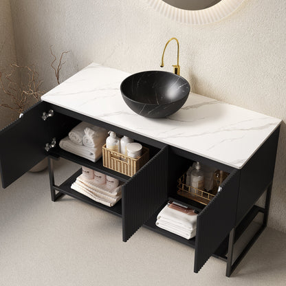 48' Bathroom Vanity with Sink, Freestanding 3 Doors Open Shelf Black Bowl Basin