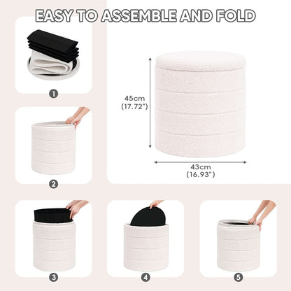 Round Storage Ottoman With Tray White VelvetFabric