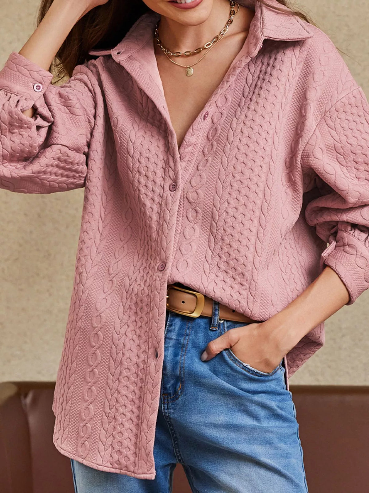Cable Texture Puff Sleeve Loose Shacket
