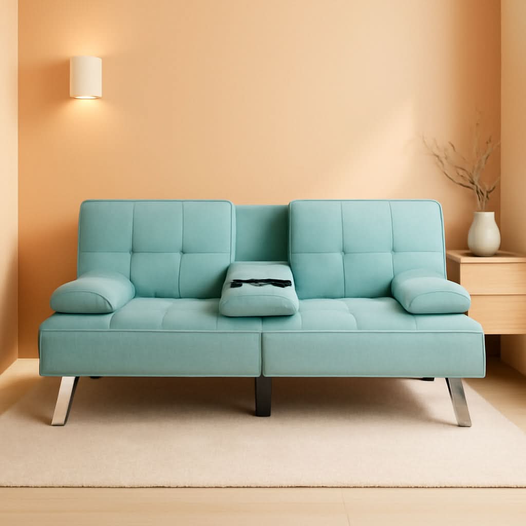 Linen Folding Futon Sofa Bed Aqua With Removable Armrests