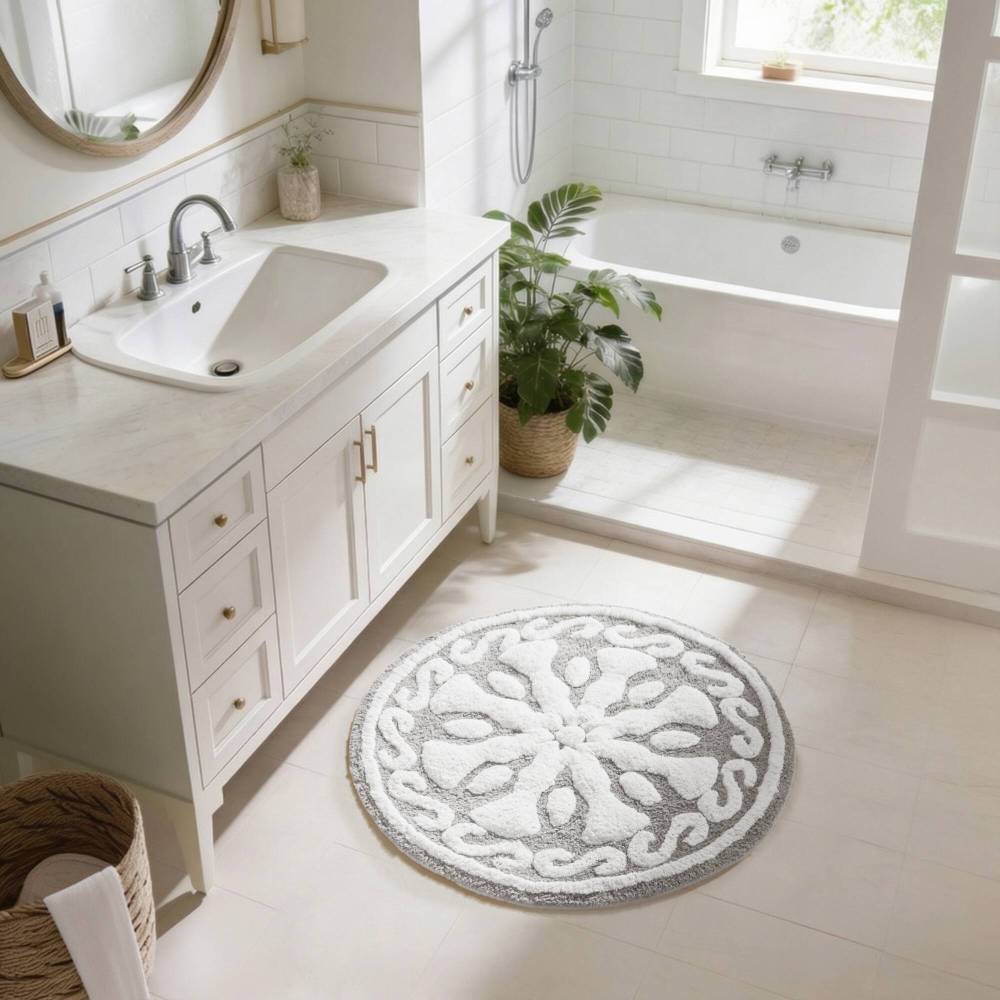 Round Medallion Tufted Cotton Bath Rug – 25", Plush, Super Absorbent, Machine Washable