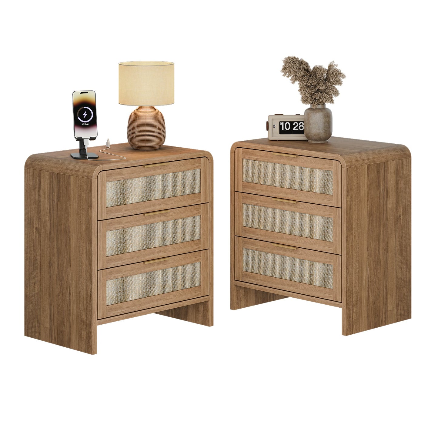 Rattan Nightstand with 3 Drawers, 22.8 in Wide, Curved Wood, Caramel Oak