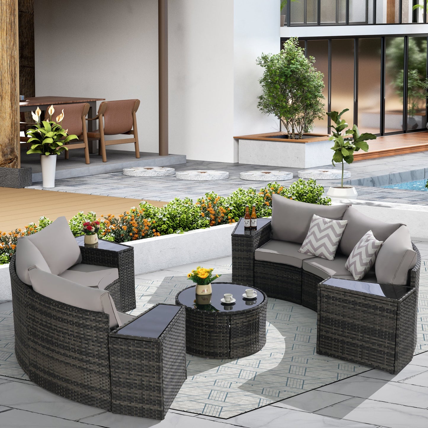 11 Piece PE Rattan Outdoor Sectional Set Light Gray
