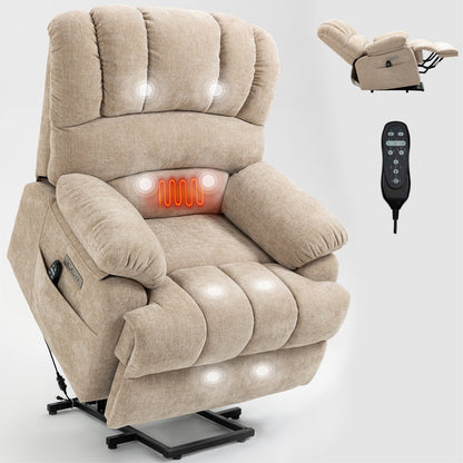 Lift Recliner Chair Power Oversized Chenille Beige 23 In Seat USB 350 LB