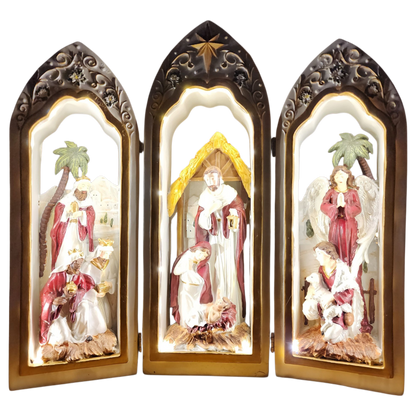 Lighted Holy Family Triptych with Pearlized Finish And Scrolls
