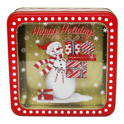 Square Cookie Tin with Window - Happy Holidays Snowman