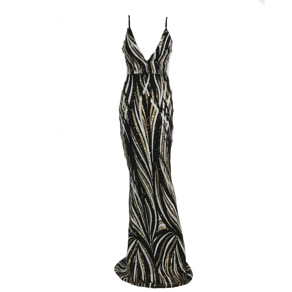Black and Silver Sequined Mermaid Evening Dress