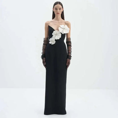 Black Backless Bandage White Floral Gown