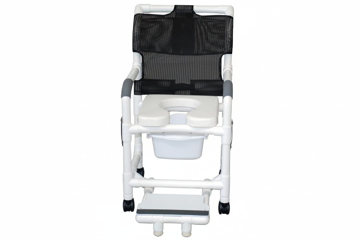MJM International 118-3TW-DDA-SF-SQ-PAIL Shower chair 18" internal width, open front seat, 3" twin casters, with double drop arms, slide out footrest and 10 qt slide out square commode pail, 300 lbs weight capacity