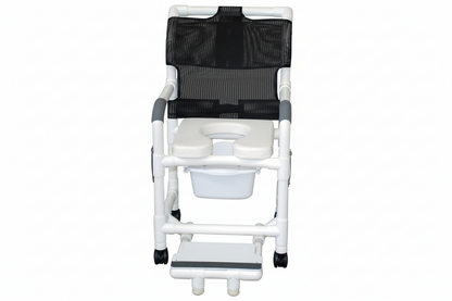 MJM International 118-3TW-DDA-SF-SQ-PAIL Shower chair 18" internal width, open front seat, 3" twin casters, with double drop arms, slide out footrest and 10 qt slide out square commode pail, 300 lbs weight capacity