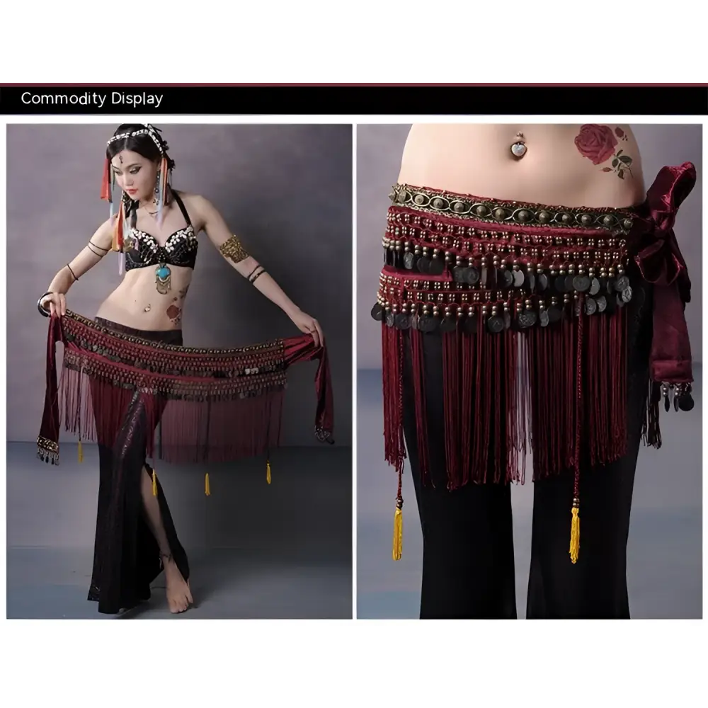 Black Beaded Belly Dance Waist Scarf with Tassels