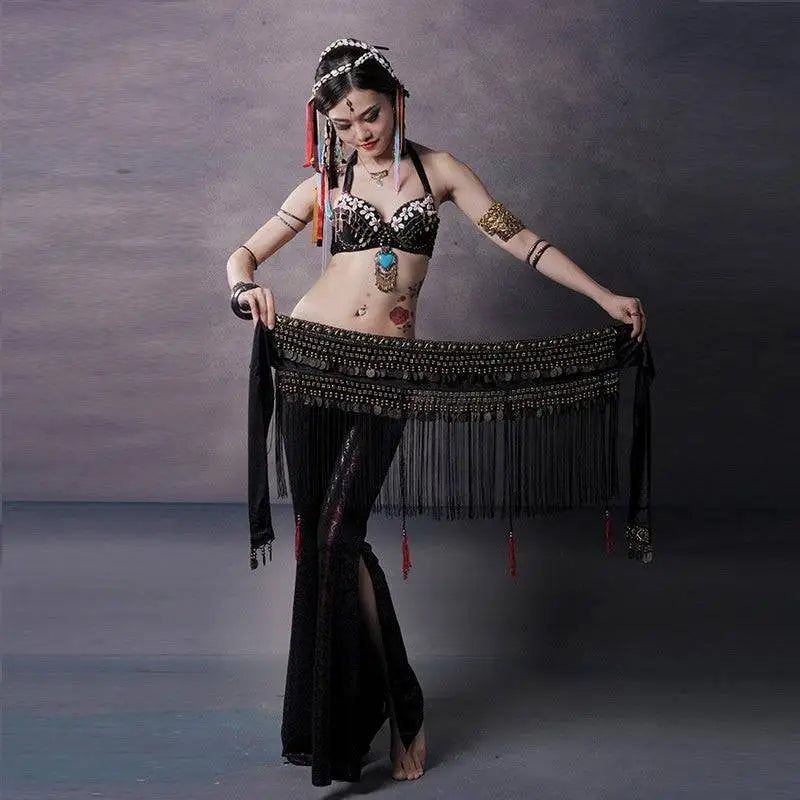 Black Beaded Belly Dance Waist Scarf with Tassels