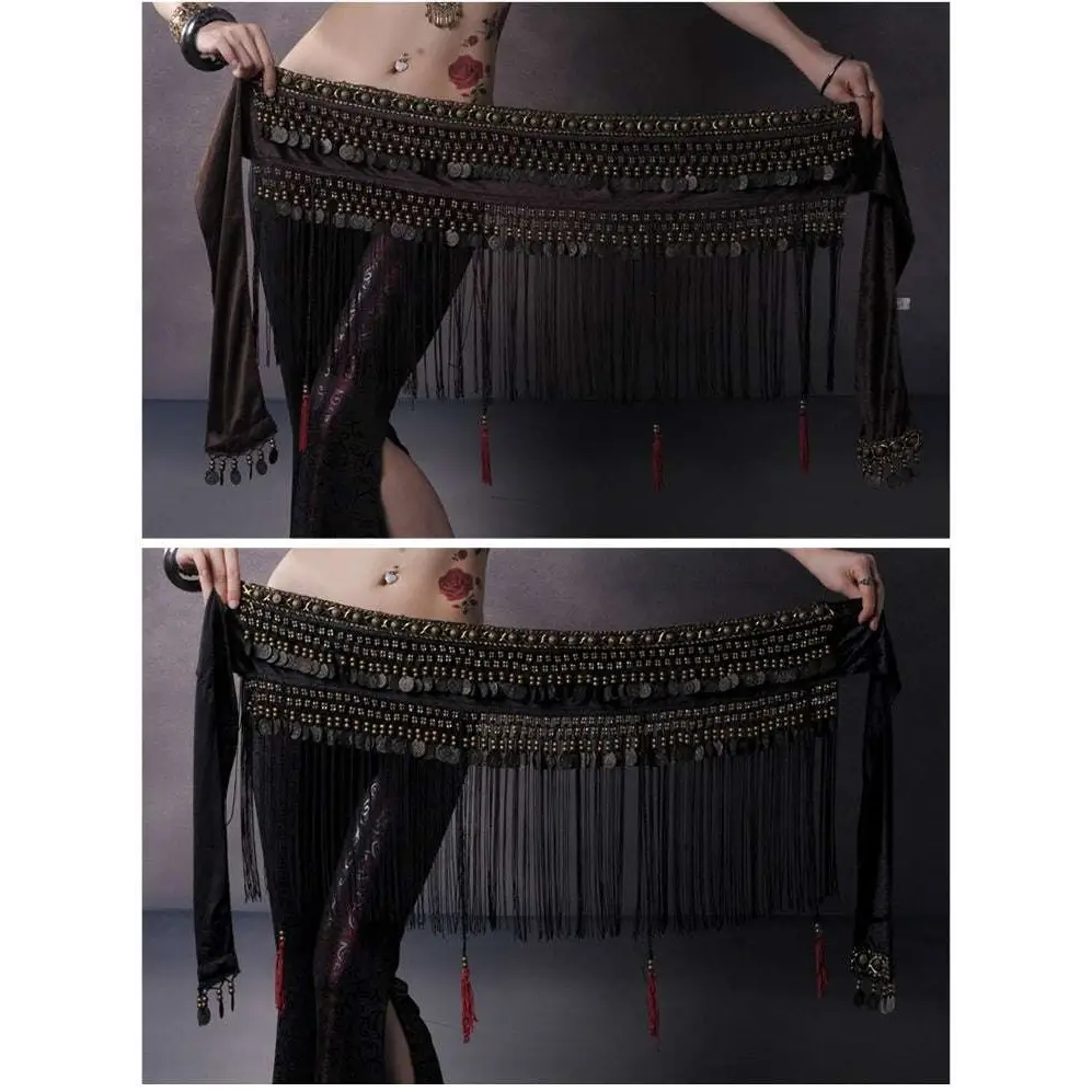 Black Beaded Belly Dance Waist Scarf with Tassels