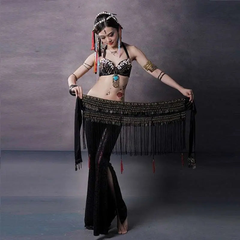 Black Beaded Belly Dance Waist Scarf with Tassels