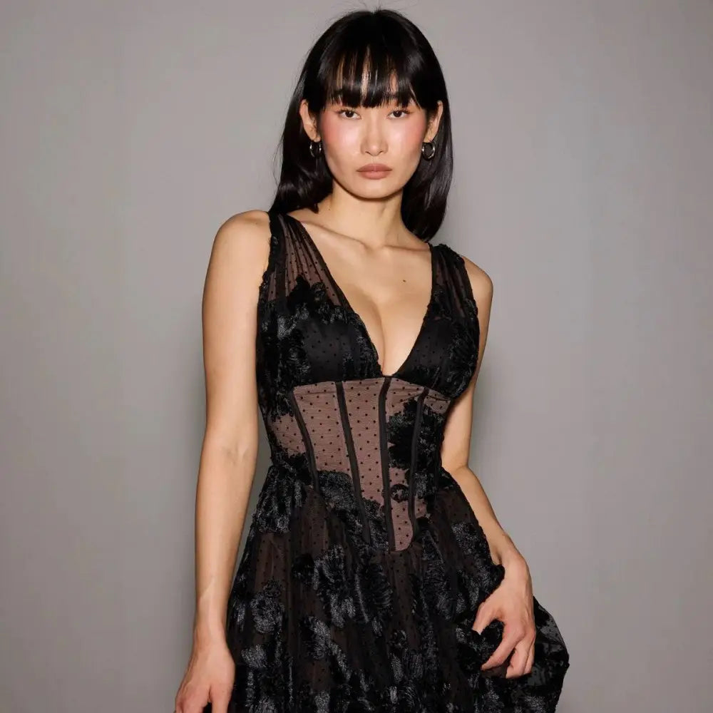 Black Deep V-neck Lace Mesh Evening Dress