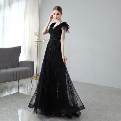Black Double Shoulder Evening Dress with Sequins
