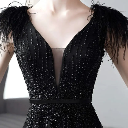 Black Double Shoulder Evening Dress with Sequins