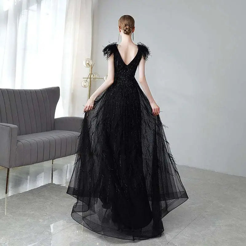 Black Double Shoulder Evening Dress with Sequins
