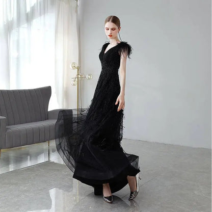 Black Double Shoulder Evening Dress with Sequins