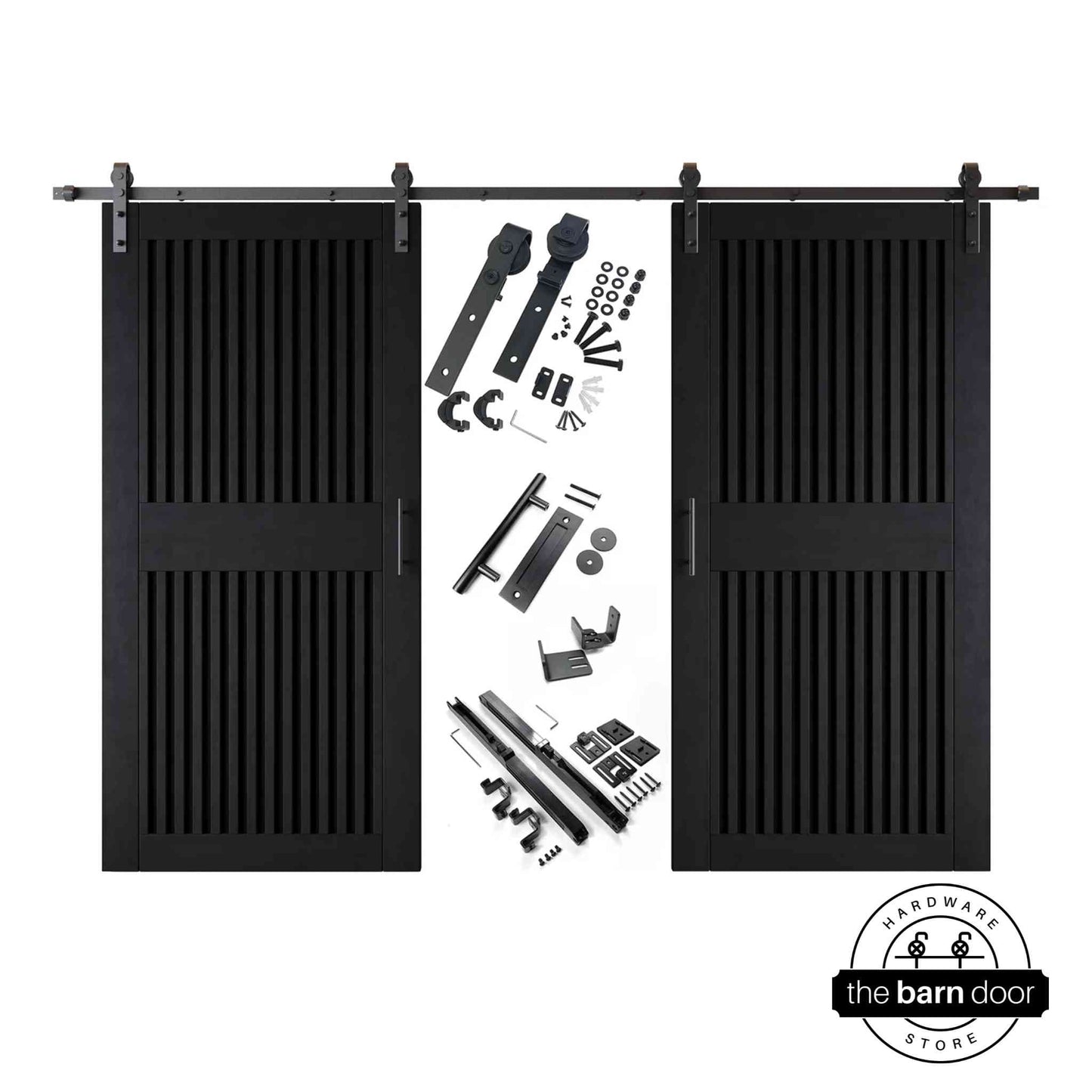 Vertical Slat Double Door Barn Door Kit | Black Barn Door Hardware