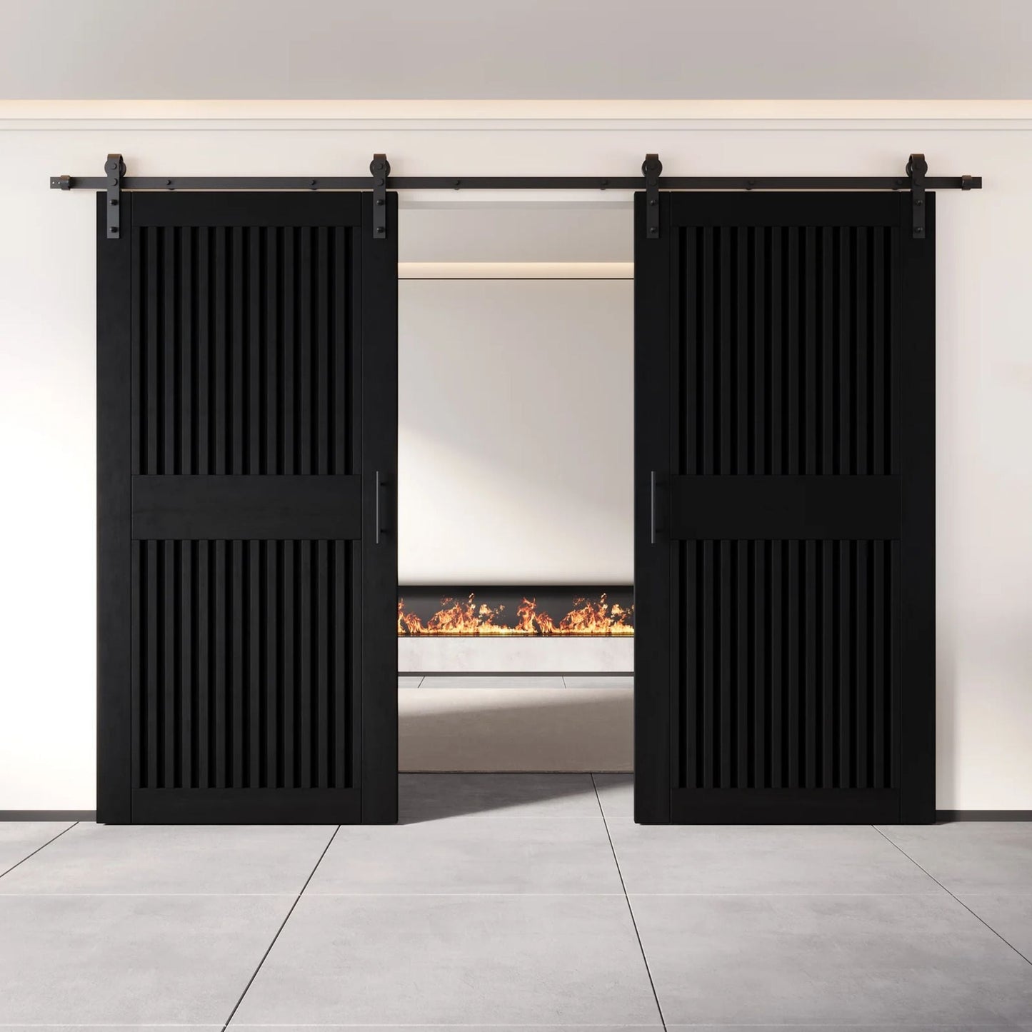 Vertical Slat Double Door Barn Door Kit | Black Barn Door Hardware