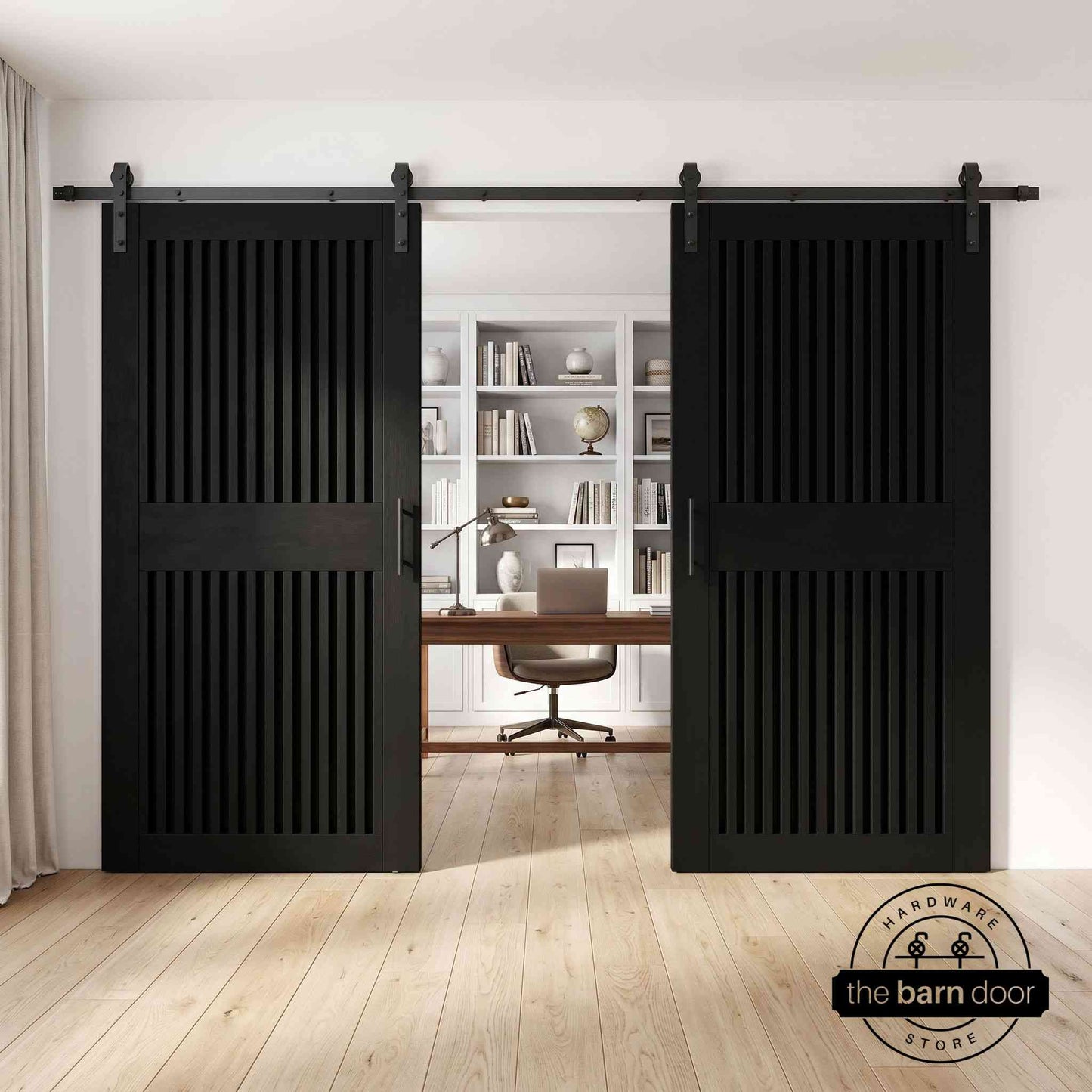 Vertical Slat Double Door Barn Door Kit | Black Barn Door Hardware