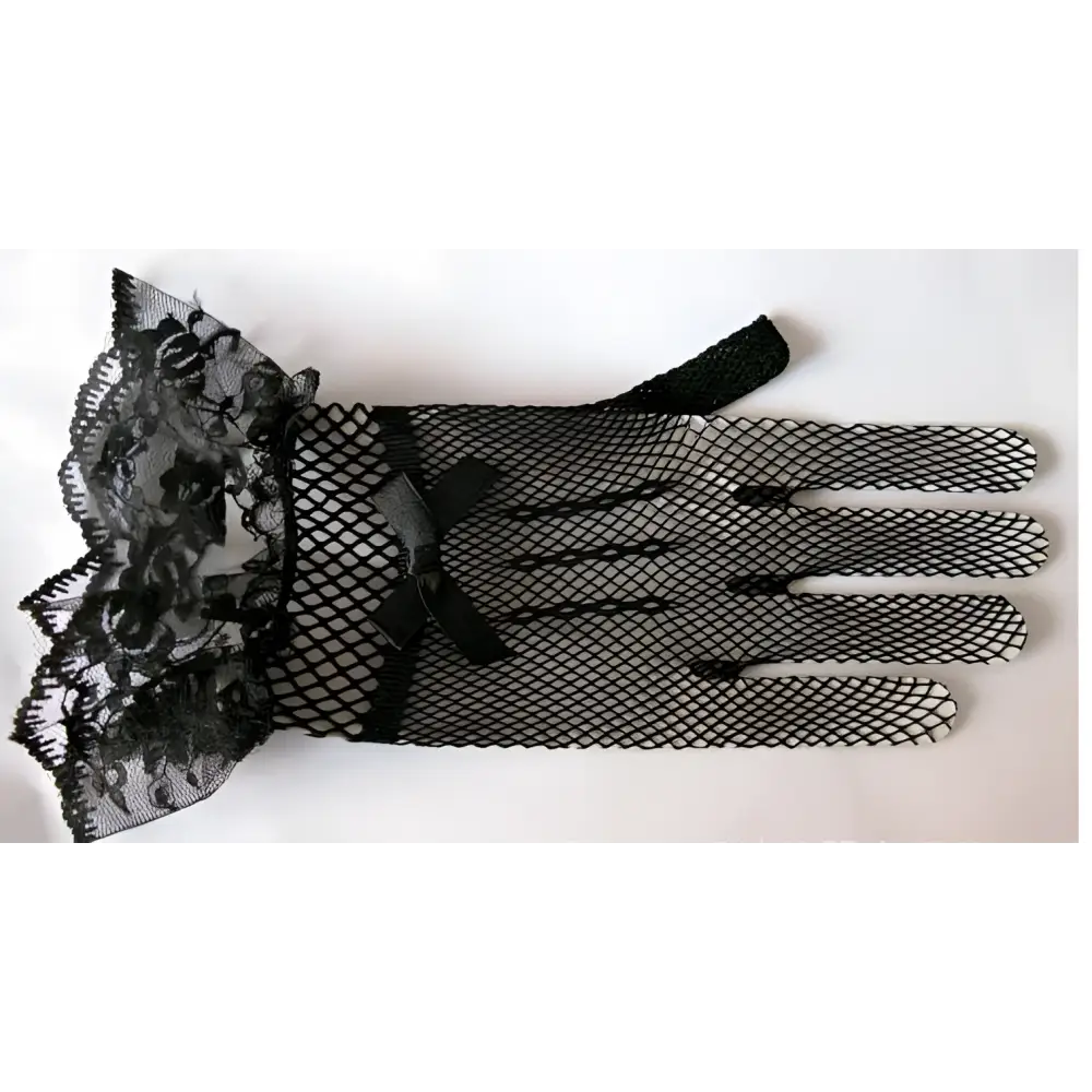 Black Fishnet Stretch Mesh Gloves with Lace Cuffs