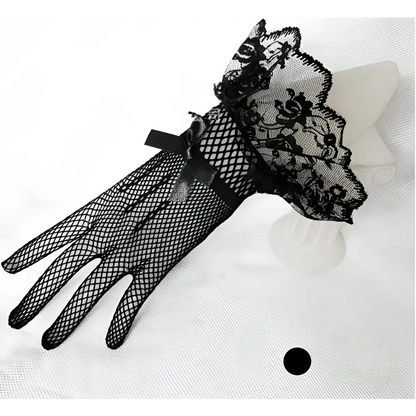 Black Fishnet Stretch Mesh Gloves with Lace Cuffs