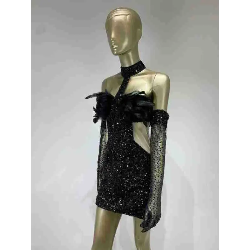 Black Halter Feather Sequins Short Mini Dress