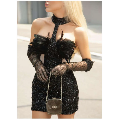 Black Halter Feather Sequins Short Mini Dress