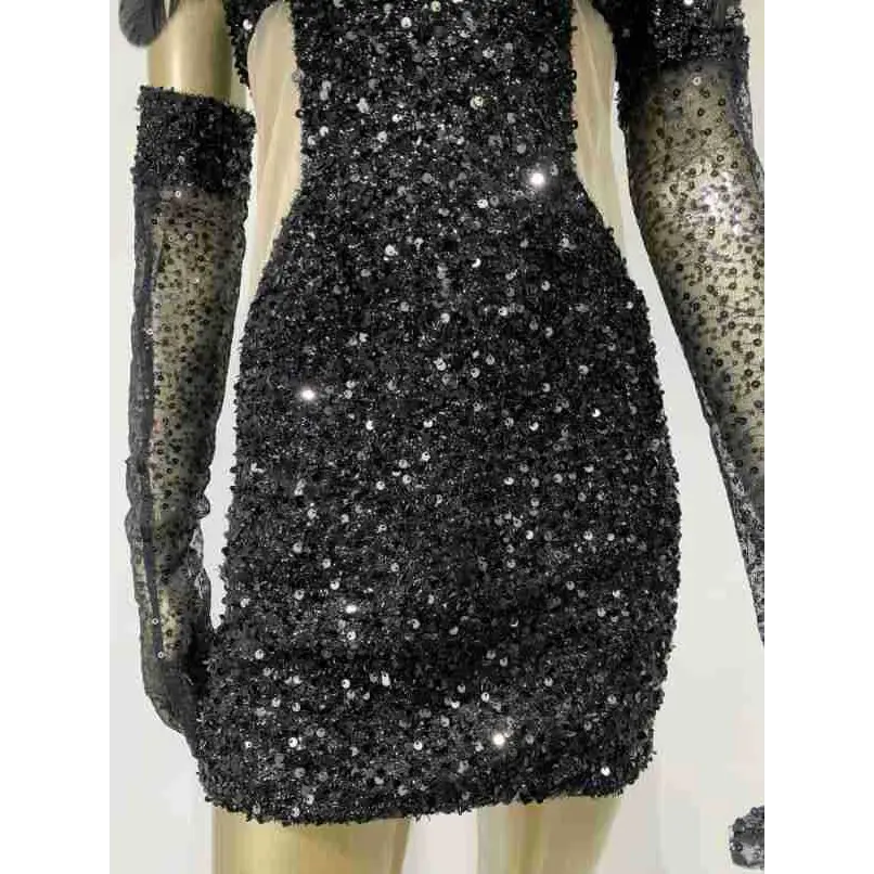 Black Halter Feather Sequins Short Mini Dress