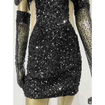 Black Halter Feather Sequins Short Mini Dress