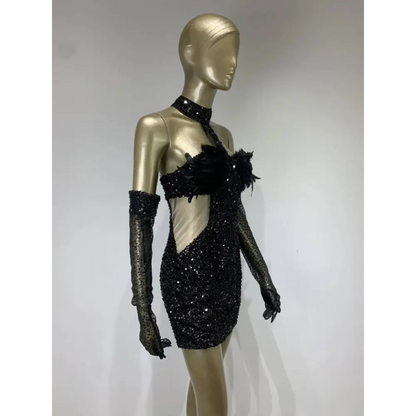 Black Halter Feather Sequins Short Mini Dress