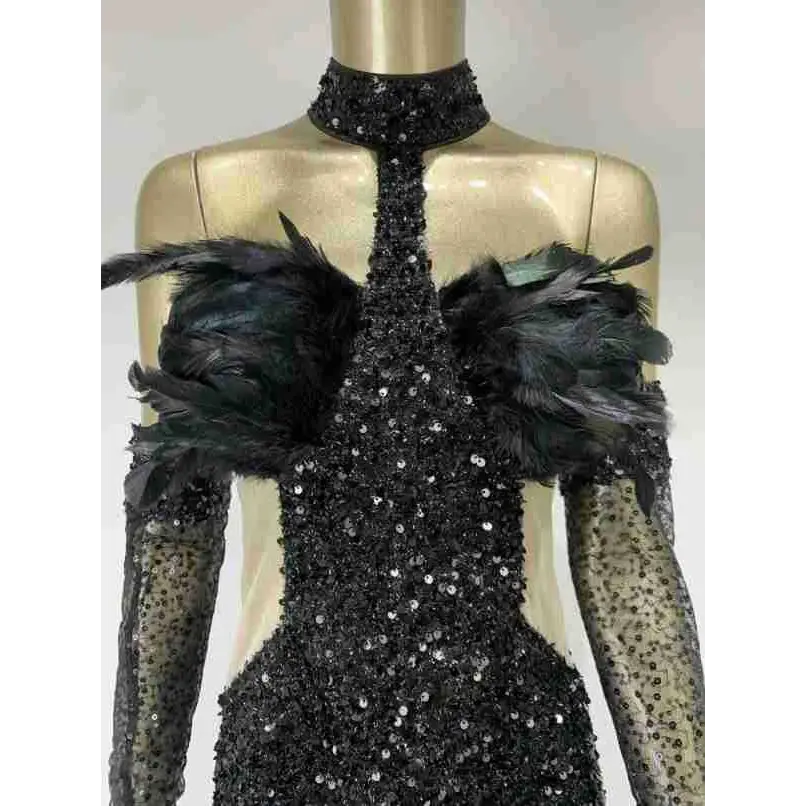 Black Halter Feather Sequins Short Mini Dress