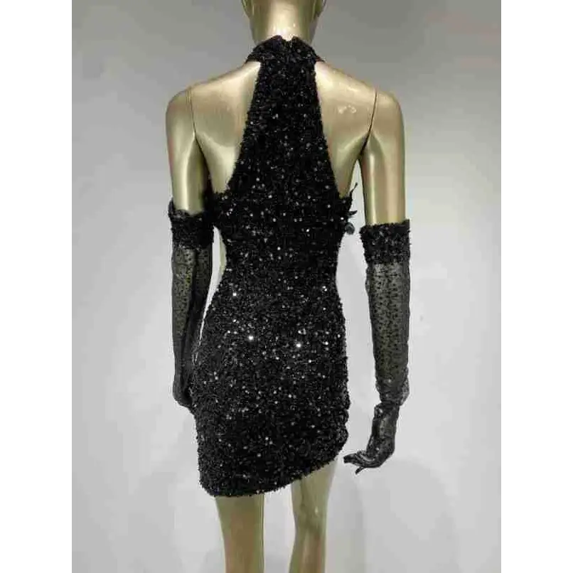 Black Halter Feather Sequins Short Mini Dress