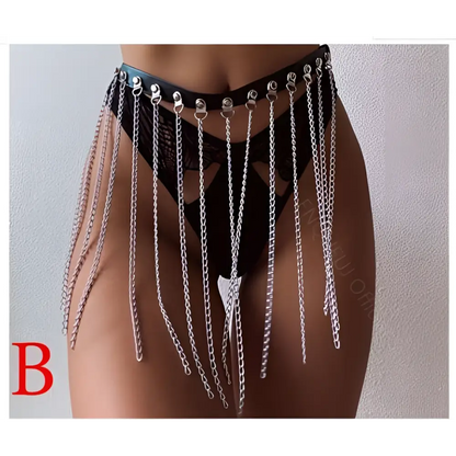Black Leather Harness Chain Tassel Belt