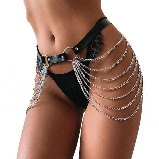 Black Leather Harness Chain Tassel Belt