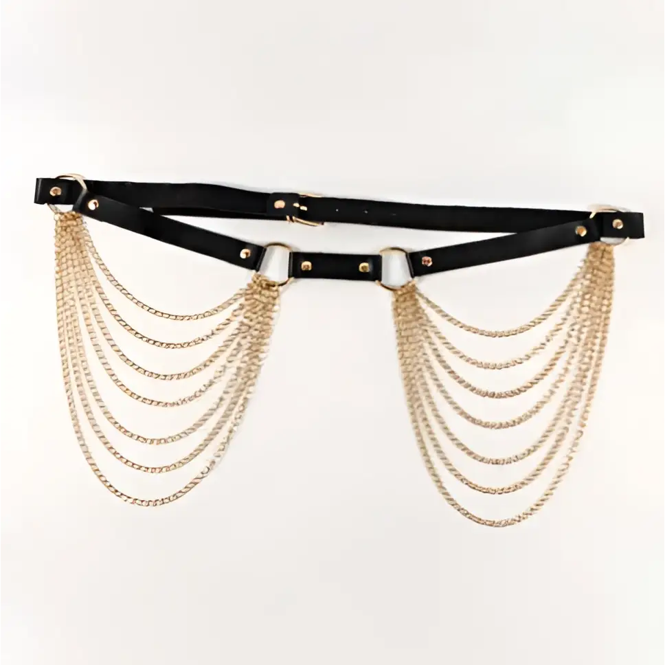 Black Leather Harness Chain Tassel Belt