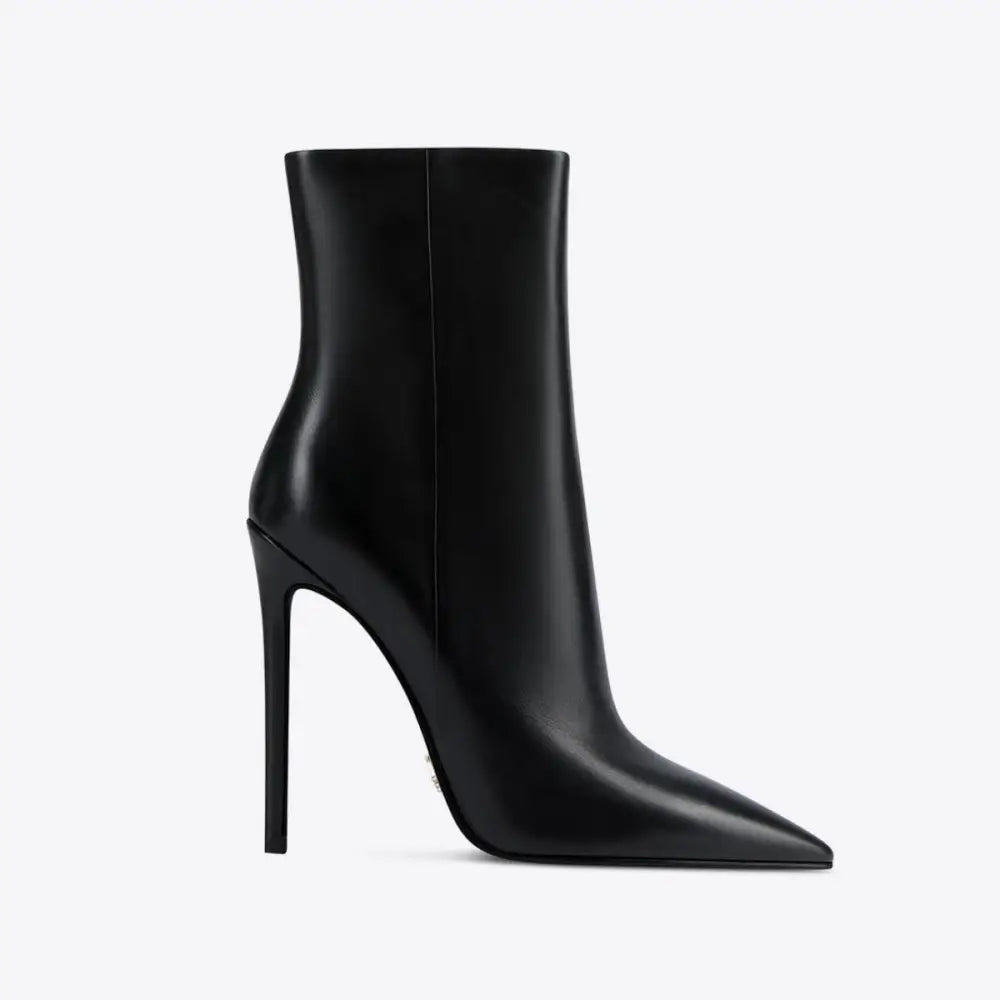 Black Leather Pointed Toe Stiletto Ankle Boots