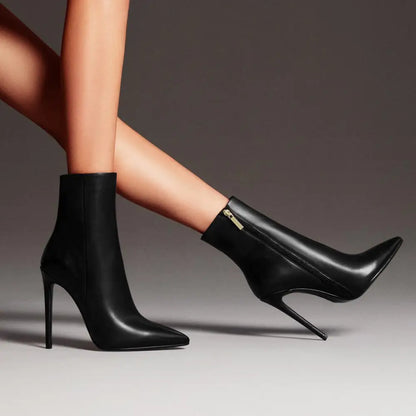 Black Leather Pointed Toe Stiletto Ankle Boots