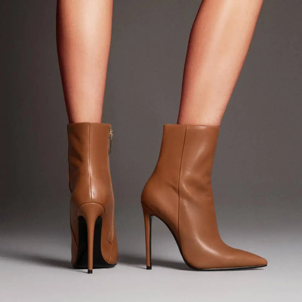 Black Leather Pointed Toe Stiletto Ankle Boots