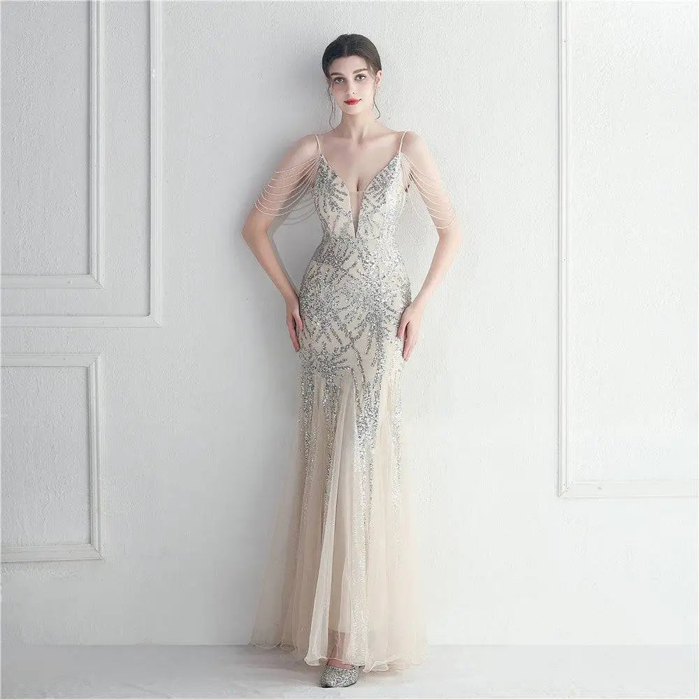 Black Mesh Beaded Bridal Wedding Dinner Gown