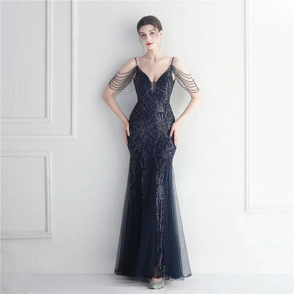 Black Mesh Beaded Bridal Wedding Dinner Gown