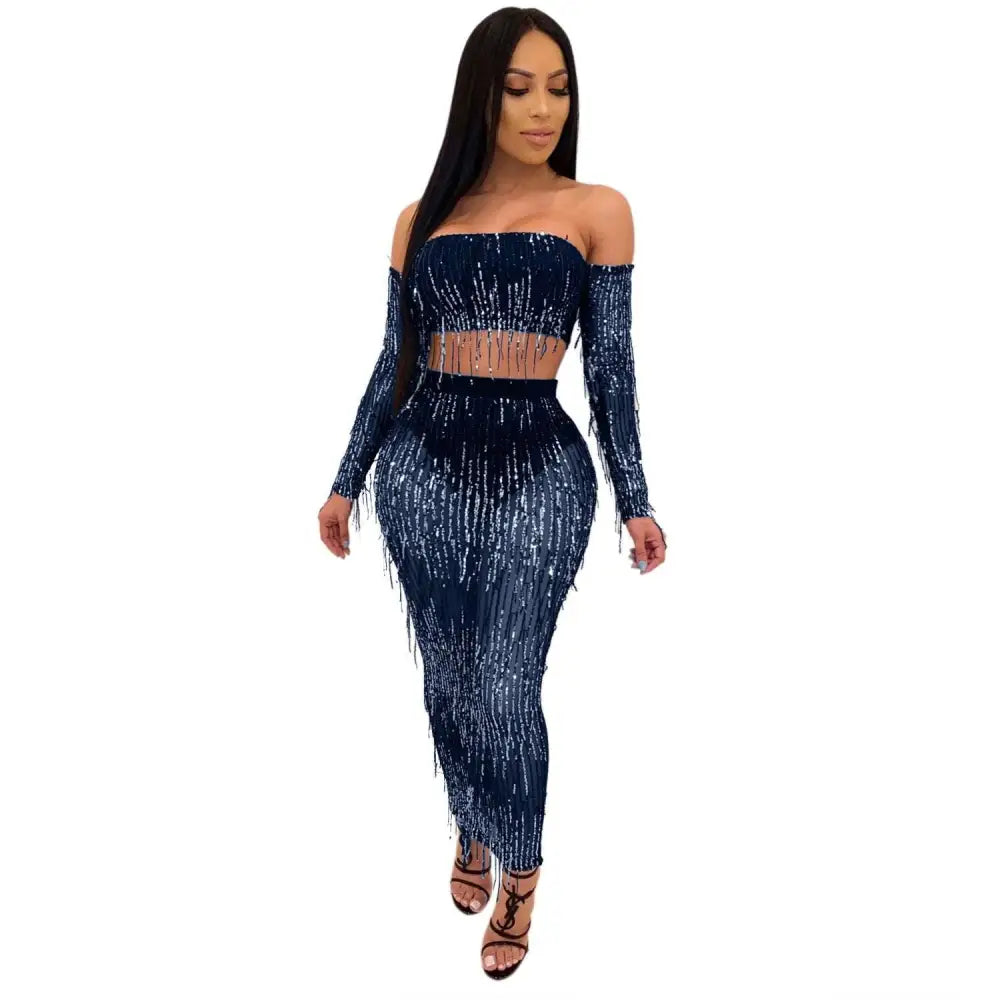 Black Mesh Sequins Tassel Two Piece Set