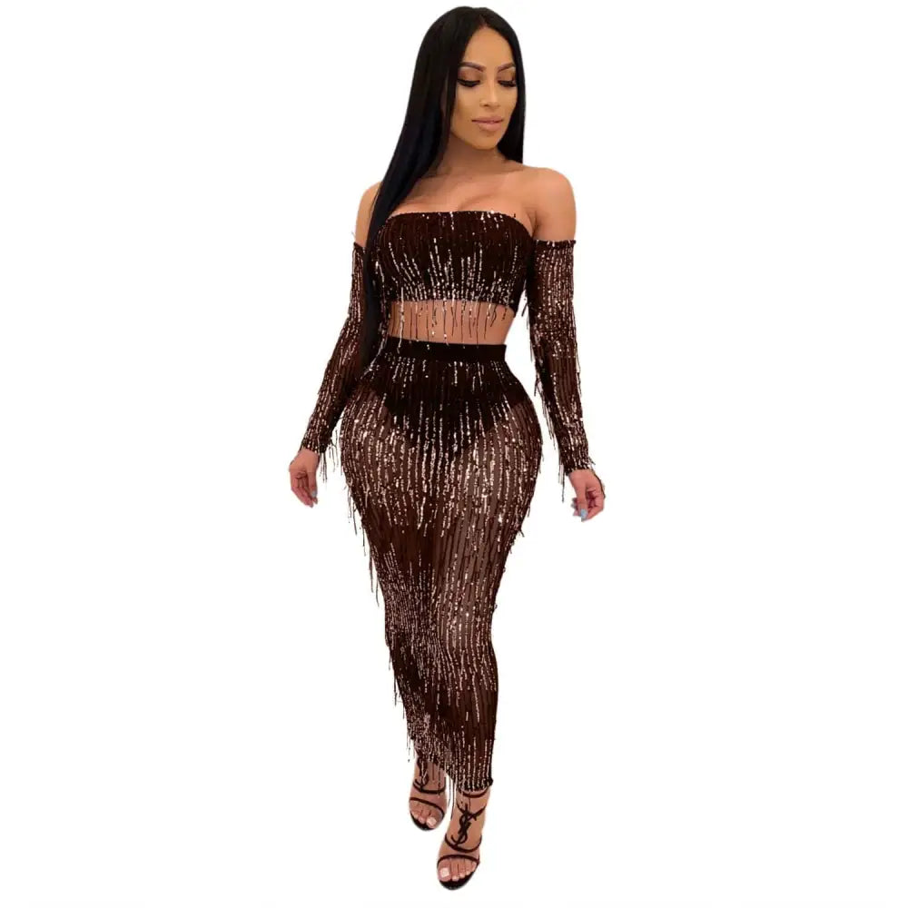 Black Mesh Sequins Tassel Two Piece Set
