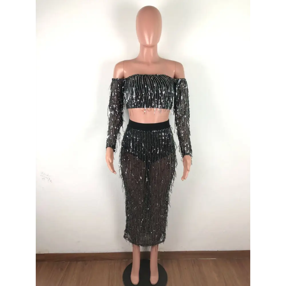 Black Mesh Sequins Tassel Two Piece Set