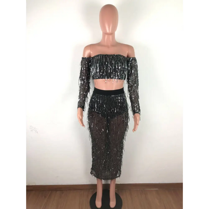 Black Mesh Sequins Tassel Two Piece Set