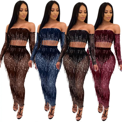 Black Mesh Sequins Tassel Two Piece Set