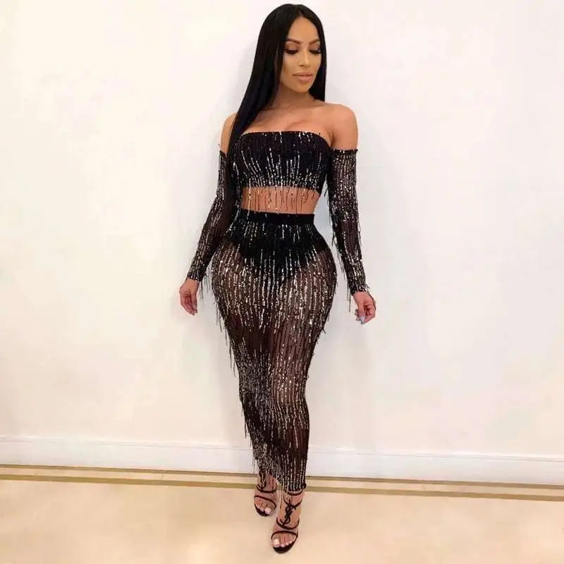 Black Mesh Sequins Tassel Two Piece Set