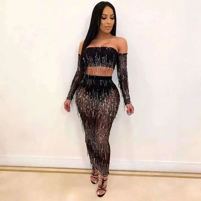Black Mesh Sequins Tassel Two Piece Set